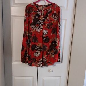 Floral Red Long Sleeves Swing Style Blouse